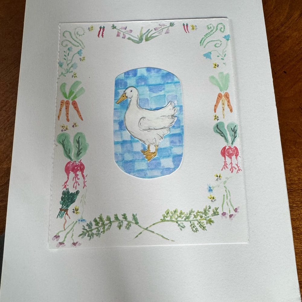 Hand-Painted Farm Duck Watercolor Artwork - Blue Check Background - Picture 3 of 4